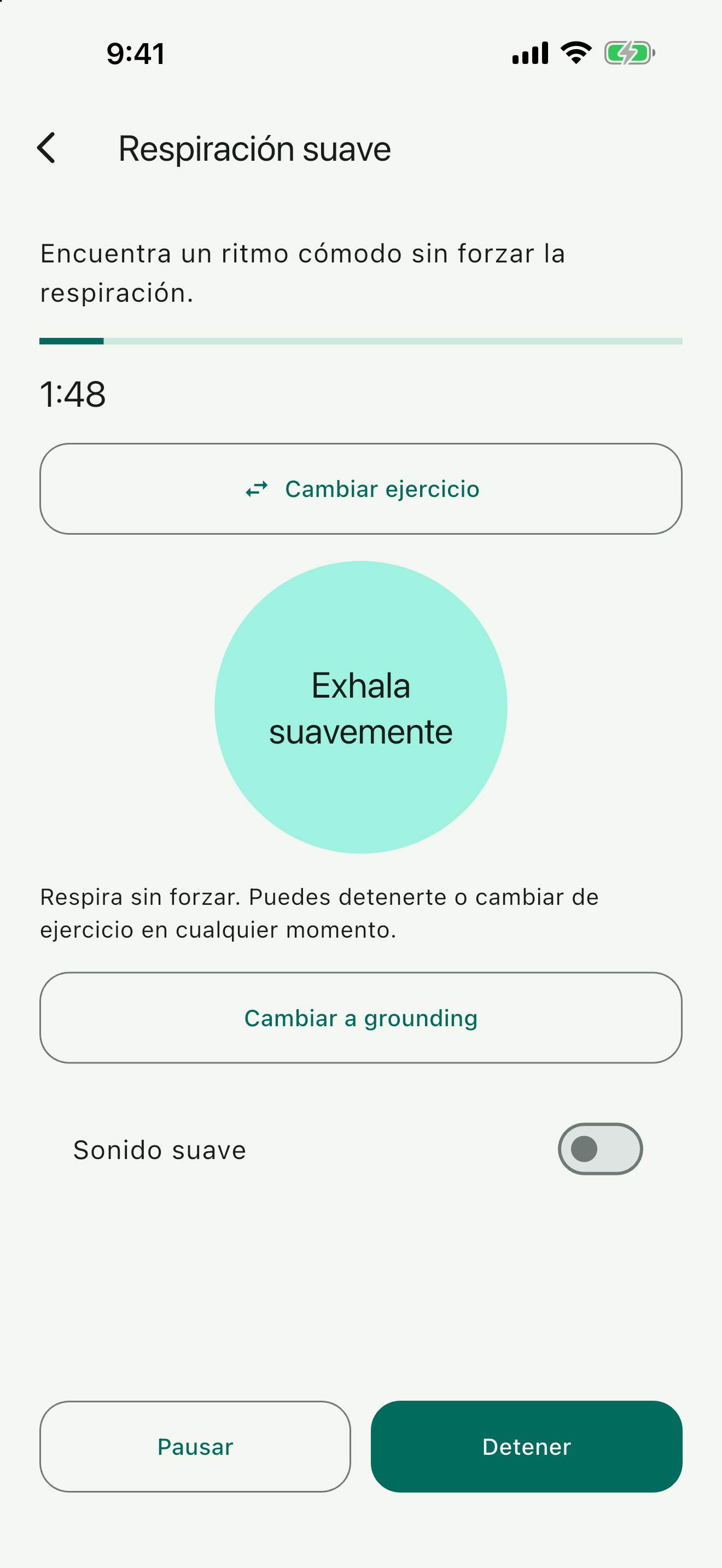 Pantalla real del ejercicio de respiración de SinPánico.