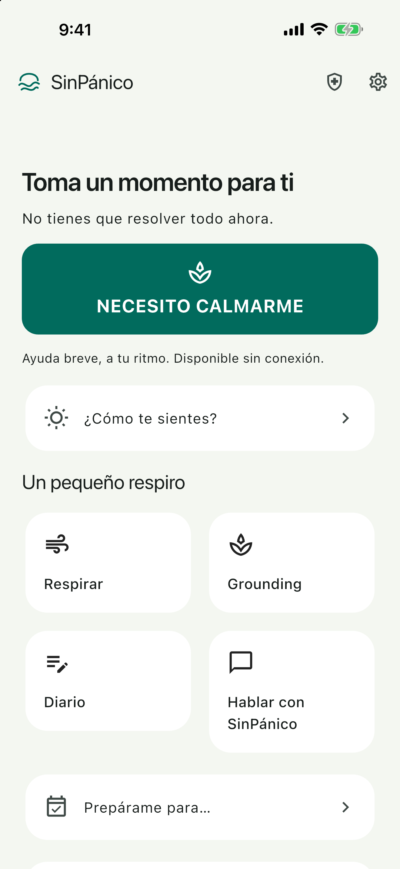 Pantalla real de inicio de SinPánico, con acceso a SOS, respiración, grounding y diario.