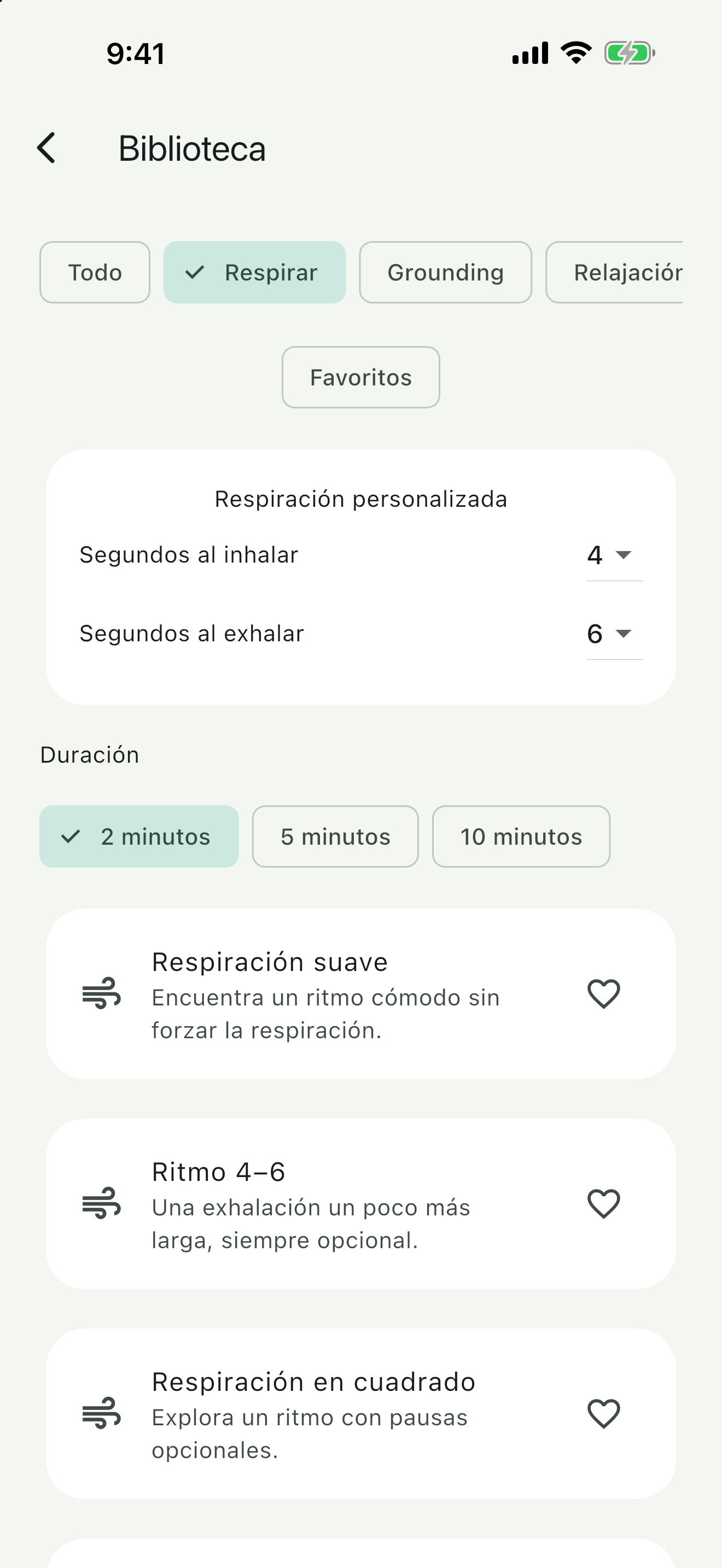 Pantalla real de la biblioteca de ejercicios de SinPánico.